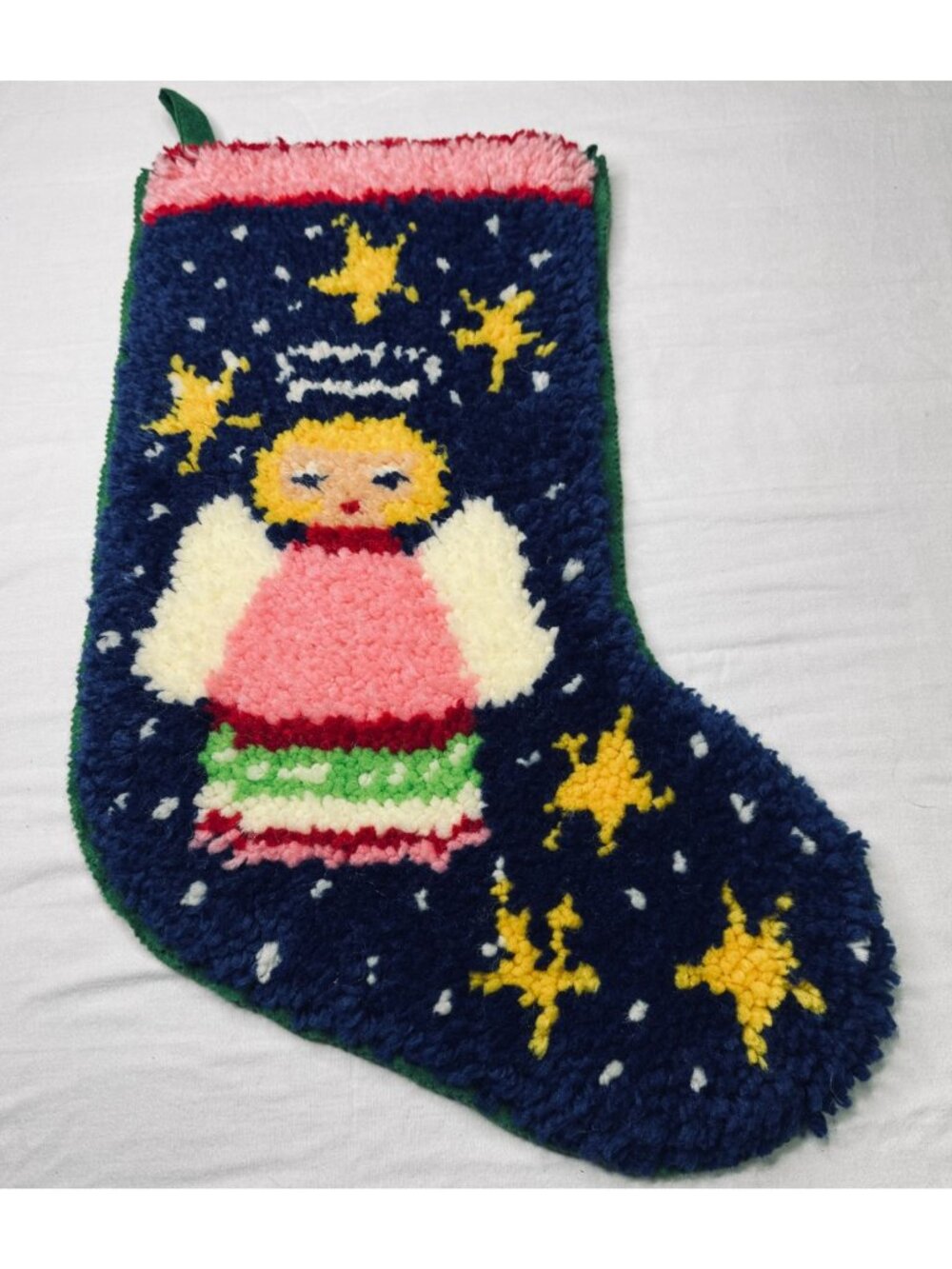 Vintage Latch Hook Angel Christmas Stocking Handmade Blue
